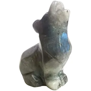 Lovionus89 Handgeschnitzte Wolfsfigur aus Kristall & Edelstein (6,3cm), Kleiner Wolf als Wächter Steinfigur, Unikate Deko Tierfigur & Briefbeschwerer, Mondstein