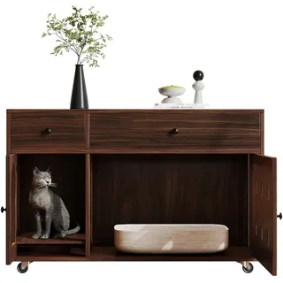 OKWISH Katzenkloschrank 100x45x66 cm Nussbaum mit Sandfangplatte, MDF, Schubladen, modernes Sideboard, geruchsarm und praktisch