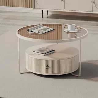 Couchtisch Rund Skandinavischer Stil Sofatisch Glass Mit Schubladen Und Ablagen Couchtisch Modern Mit Marmor Furnier Beistelltisch Klein Mit Stabilem Metallgestell Einfache Aufbau(Cremeweiß) ( Color :