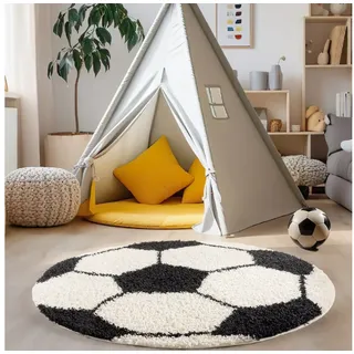 Carpettex Kinderteppich Fußball-Design, Rund, Höhe: 30 mm, Kinder Teppich Fußball-Form Kinderzimmer versch.farben und größen schwarz 100 cm x 100 cm x 30 mm