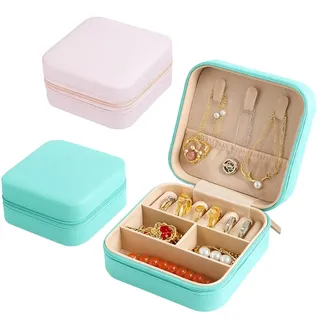 2 Stück Schmuckaufbewahrung Schmuckkästchen Klein, Schmuckschatulle für Mädchen, Schmuckbox Damen, Reise Schmuck Etui, Jewelry Organizer Leder, für Ohrringe, Halsketten, Ringe, Geschenk Hochzeit