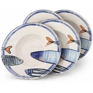 Teller im mediterranen Design mit Sardinen-Motiv 2.0 | Maritime Speiseteller, Suppenteller, Dessertteller, Servierplatten, Bowls - robust, Steinzeug, glattes Finish (4er Set Pastateller Risotto)