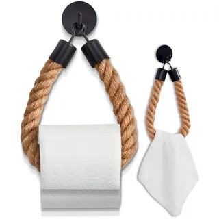 HENNEZ Toilettenpapierhalter ohne Bohren schwarz matt - KLEBEN STATT Bohren - Klorollenhalter Klopapierhalter ohne Bohren schwarz Seil - WC Rollenhalter Papier Halterung Toilettenrollenhalter Vintage