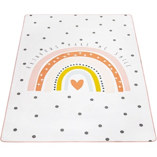 Paco Home Kinderteppich Chicos 552, rechteckig, 2 mm Höhe, Flachgewebe, niedliches Kinder Design, Motiv Regenbogen, Pastell-Farben, Kinderzimmer B/L: 155 cm x 230 cm, mm, 1 St. beige Teppiche
