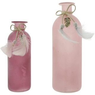 Dekoleidenschaft 2 Vasen aus Glas in rosa Beeren-Tönen, verziert mit Federn, 16 und 20 cm hoch, Glasvase, Blumenvase, Tischvase, Vasenset