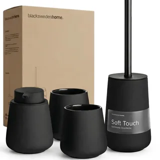 blackswedenhome. Badezimmer Set Schwarz - Hochwertiges Keramik Set - Seifenspender schwarzs, Zahnputzbecher, Toilettenbürste mit Silikonborsten - Nordic Design, Badaccessoires matt, Seifenspender Bad