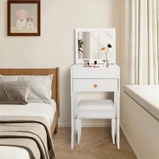 Tenddya Schminktisch Modern, Kosmetiktisch Kompakt, Frisiertisch mit Spiegel für Make Up Tisch, Kosmetiktisch mit Hocker, Schubladen, 40x37.5x72cm, Weiß Holz Vanity Table