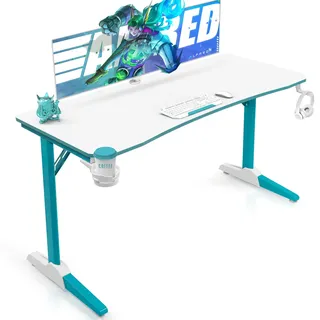 Devoko Gaiming Tisch 140cm Gaming Schreibtisch Weiß Gamer Computertisch Ergonomischer PC Tisch mit Kabelaufbewahrungsbox, Getränkehalter und Kopfhörerhalter T-förmiger (Weiß, 140 x 60 cm)