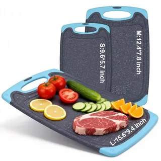 3PCS Kunststoff Schneidebrett Spülmaschinenfest, BPA-freie, Aqua | Cutting Board,Plastik Schneidebrett mit Gummifüße & Griff & Saftrille & Reibefläche(15,6 x 9,4/12,4 x 7,8/9,6 x 5,7 Zoll)