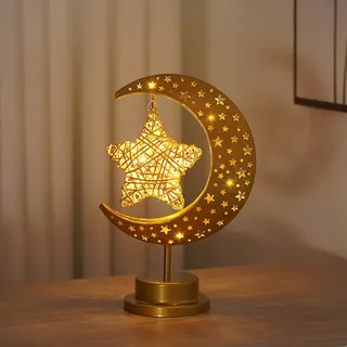 Vartegas Tischlampe Dekorativ LED Nachttischlampe Batteriebetrieben Weihnachtsdeko Mond Stern Ramadan Tischdeko Warmweiß für Zuhause Weihnachten Neujahr (E)