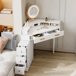 Eck-schminktisch – Moderner Schminktisch Mit Verstellbarem Led-spiegel (helligkeit), 5 Schubladen, Usb- Und Usb-c-anschlüssen, Weiß – B 105,5 X T 75 X H 120 Cm