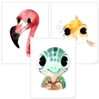 Timalo® 3er Set Bilder Poster Deko Kinderzimmer Babyzimmer | Dekoration Mädchen Junge | t3er01-t000-A4 | Tiere Flamingo Fisch Schildkröte