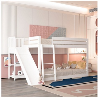 Merax Etagenbett mit Rutsche, Leiter und Regal, Hochbett 90x200 cm mit Rausfallschutz (3-St), Kinderbett aus Kiefer Massivholz mit Lattenrost weiß