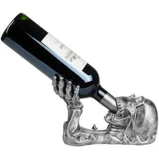 BRUBAKER Weinflaschenhalter Totenkopf - Flaschenhalter Trinkender Schädel mit Skelett Hand Silber - Flaschenständer Deko Figur Handbemalt Weinzubehör - Lustige Dekoration - Wein Geschenk