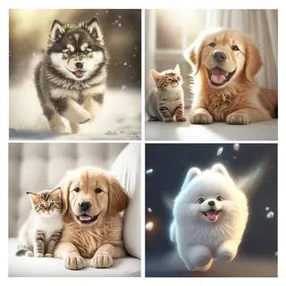 DCIDBEI Diamond Painting Tiere 4er Set 30x30 cm - Hund und Katze Malen Nach Zahlen - Diamant Malerei Husky Bilder Hundewelpen für Erwachsene