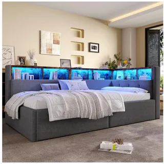 Odikalo Schlafsofa Schlafcouch mit Bettkasten und LED, Tagesbett, Daybett, 90×200 cm, USB- + Typ-C-Anschlüsse, hydraulische Aufbewahrungsfunktion, mehrere Staufächer, mit mehrfarbiger LED-Streifenbeleuchtung, Ohne Matratze, Leinen, Grau / Beige grau