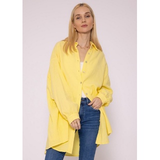 SASSYCLASSY Longbluse Oversize Musselin Bluse Damen Langarm Hemdbluse lang aus Baumwolle mit V-Ausschnitt, One Size (Gr. 36-48) gelb