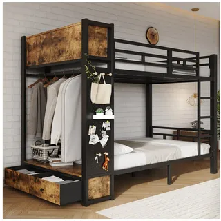 i@home Etagenbett Metall-Etagenbett 120x200 cm mit Stauraum,Hochbett,Jugendbett,Schwarz, mit Treppe und Rausfallschutz Bunk Bed mit Garderobenständer,Stockbett schwarz