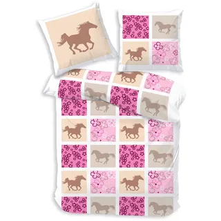 DOBNIG Babybettwäsche Renforcé Kinderbettwäsche 2tlg. 135x200 cm Pferde rosa pink, Renforcé, 2 teilig, Atmungsaktive Baumwoll-Bettwäsche Pferde Kinderzimmer herbst winter rosa