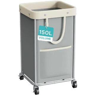 JYPS Wäschekorb mit Rollen, 150L Groß Laundry Baskets mit 2 Taschen&Henkel, Wäschesammler mit Herausnehmbaren Wäschesack, Wäschetruhe Wäschebehälter für Waschküche, Schlafzimmer, Badezimmer (Grau)