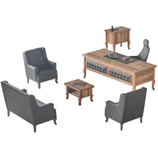 JVmoebel Büromöbel-Set Bürotisch mit Chefsessel, Sideboard und Ledersofa in Dunkelholz, (Kommode), Made in Europa schwarz