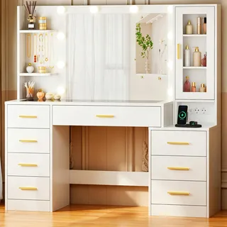BEWISHOME Großer Schminktisch mit Beleuchtung und Spiegel, Verstellbare LED Beleuchtung, Schminktisch mit Glasplatte, Modern Frisiertisch mit 8 Schubladen, Steckdosen, für Schlafzimmer, Weiß EFST67W