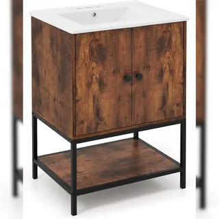 COSTWAY Waschbecken mit Waschtischunterschrank, Waschbeckenunterschrank mit 2 Türen und offenem Fach, 61 x 46,5 x 87 cm, Vintage-Braun