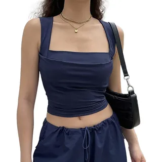 EMOTTOS Frauen Geraffte tief Ausgeschnittene Tops, Sommer Sexy Quadratischer Ausschnitt Doppelte Rüschen Weste Tops, Y2k Slim Fit Off-Shoulder Ärmelloses Crop Top Camisole(Blue-M) - M