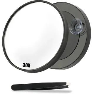 Deepton 30x Vergrößerungsspiegel, 8.8cm mit Saugnapf und Pinzette Set, Kosmetikspiegel mit Vergrößerung, Schminkspiegel Make up Spiegel für Make-up (Schwarz-30X)