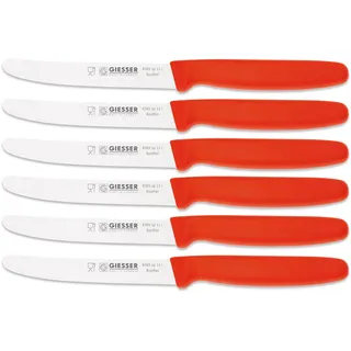 Giesser Messer - Made in Germany - 6er Set Brötchenmesser Tomatenmesser Küchenmesser Allzweckmesser Universalmesser Gemüsemesser glatter Schliff Klingenlänge 11cm (Rot - glatte Schneide)