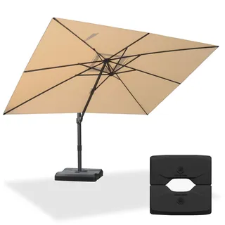 PURPLE LEAF Ampelschirm 270 x 350 cm mit Ständer Sonnenschirm Rechteckig mit Kurbel, Groß Gartenschirm neigbar, 360° Rotation, Bespannung Polyester, für Gärten, Cafés, Terrasse, Beige