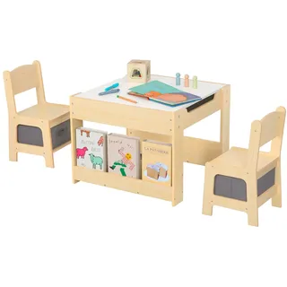 OOOK 4-in-1 Kindertisch mit 2 Stühlen, Kinder Tisch Stuhl Set, Aktivitätstisch mit Weißtafel, Schwarztafel, Aufbewahrungs-Schublade und Bücherablage, Kindersitzgruppe für Kinderzimmer und Spielzimmer