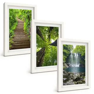 Bilder Set 3-teilig im weißen Rahmen – Wandbilder 3 Stück – gerahmte Poster für Wohnzimmer, Schlafzimmer und Flur – 20x30 cm – Pfad Wald... - Grün