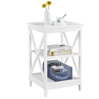 Yaheetech Beistelltisch 3 Ebenen Couchtisch Nachttisch 40x40x61 cm, Weiß | Sofatisch mit X-förmiger Tischbeine Nachtschrtank für Schlafzimmer und Wohnzimmer