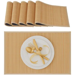 Relaxdays Tischset, 6er Set, Bambus, Stoffrand, rutschhemmend, 45 x 30 cm, Teller, Esstisch, eckiges Platzset, natur
