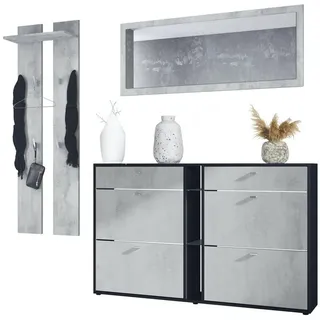 Vladon Garderoben-Set Orlando, (Garderoben-Set, mit Schuhschrank, Wandpaneel und Wandspiegel), Schwarz matt/Beton Oxid Optik grau