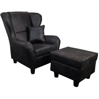 luma-home Ohrensessel mit Hocker Leder 90 x 98 x 76 cm Schwarz