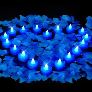 AMAGIC 1000 künstliche Rosenblätter & 12 herzförmige LED Teelichter Set - Romantik Set für Heiratsantrag, Jahrestag, Valentinstag, Hochzeitstischdeko, Blau