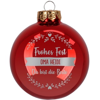 Herz & Heim® Weihnachtskugel aus Glas mit persönlicher Gravur/Rot oder Weiß/Matt oder Hochglanz/Ø 8 oder 10 cm/Verschiedene Motive Ø 10 cm, Rot Hochglanz, 3 Zeilen Wunschtext
