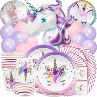 71 Stück Einhorn Party Geschirr Set, Einhorn Geburtstag Geschirr Kit für Geburtstagsfeier, Hochzeiten, Jubiläen mit Teller, Pappbecher, Servietten und Luftballons (16 Gäste)