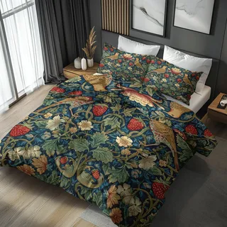 Generisch Vogel Blumen Bettwäsche 200x200 Botanisch Motiv 3tlg, Weiche Mikrofaser Bettbezug & 2 Kissenbezüge 80x80, Wendebettwäsche für Schlafzimmer Deko, Geschenke (J98)