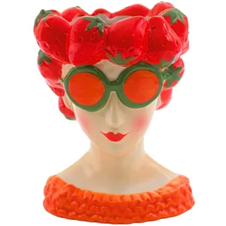Dekohelden24 Blumentopf Pflanztopf Vase als Frau mit Erdbeerkopfschmuck, Pflanzgefäß Frau mit Erdbeere, Dekor aus Keramik in bunt, L/B/H 12 x 13 x 18 cm.