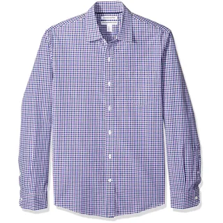 Amazon Essentials Herren Langärmeliges Business Hemd aus Popeline Schmale Passform, Blau Purpur Vichy-muster, M