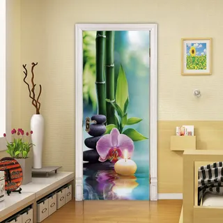 Türtapete Selbstklebend Grüner Bambus und Orchideen Türtapete Wandbild Selbstklebend PVC Wasserdicht Abnehmbar Türfolie TürPoster Fototapete Wohnzimmer Schlafzimmer küche B90 x H200cm