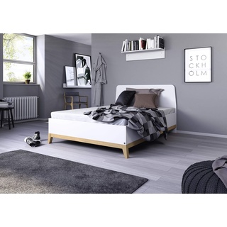 Rauch Möbel Carlsson Bett Doppelbett Futonbett in weiß, Absetzungen/Füße Eiche massiv, Liegefläche 140x200 cm, Gesamtmaße BxHxT 149x97x207 cm
