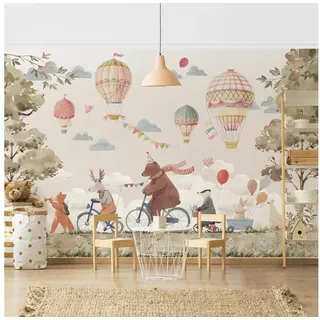 Bilderdepot24 Kindertapete Tierfreunde Rad Aquarell Illustration Kinder Tiere bunt modern, Glatt, Matt, (Vliestapete inkl. Kleister oder selbstklebend), Mädchenzimmer Jungenzimmer Babyzimmer Bildtapete Fototapete Wandtapete bunt 3.36 m x 2.25 m