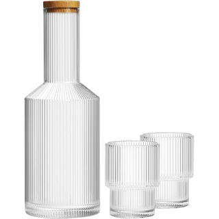 ALINK Glas-Nachttisch-Wasserkaraffe mit Deckel und Glaskaraffe Set, gerippte Karaffe Glaswaren Trinkgläser für Nachttisch, 765 ml, Vintage-Wasserkrug aus geriffeltem Glas – klar