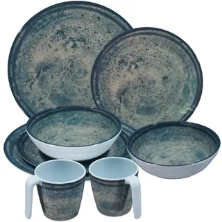 Melamin Geschirr Set Mondgranit Blau-Grau für 2 Personen - 8 Teile - Steingutoptik Spülmaschinengeeignet Essgeschirr Campingzubehör Campinggeschirr Wohnwagen Camping Festival Picknick Gartenparty