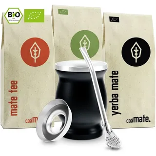 Mate Tee Set ● 3 Matesorten + doppelwandiger Edelstahl Matebecher + Bombilla + Zubereitungsanleitung (schwarz)