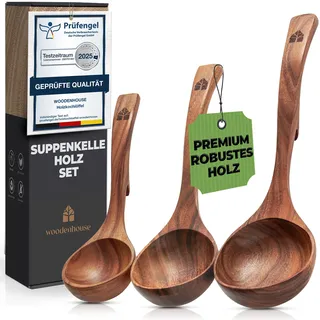 Suppenkelle Holz Set, 3-teilig aus Teakholz - Robustes & nachhaltiges Holzkochlöffel Set - BPA-FREI Schöpflöffel in Groß, Mittel und Klein - Verschiedene Größen für unterschiedliche Kochaufgaben